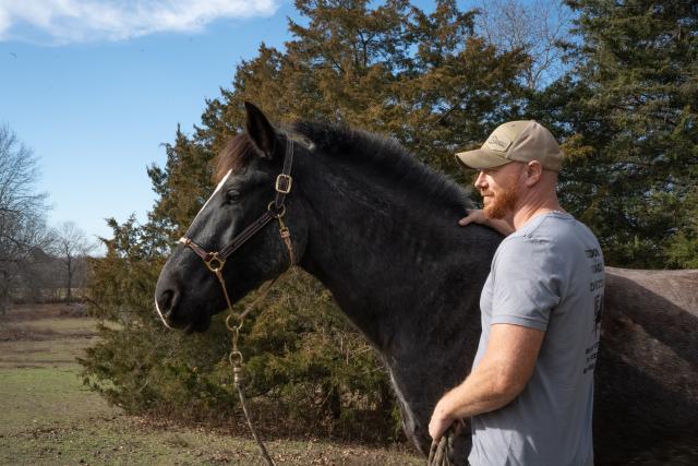A photo showing a large dark horse standing next to his human partner Roccay Larock, both looking off in the distance, with evergreen trees in the background.