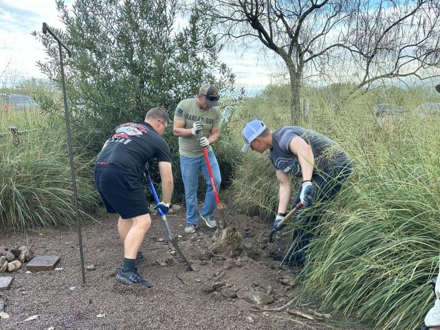 three people use shovels to remove a stump in a garden. The area is surrounded by grasses.