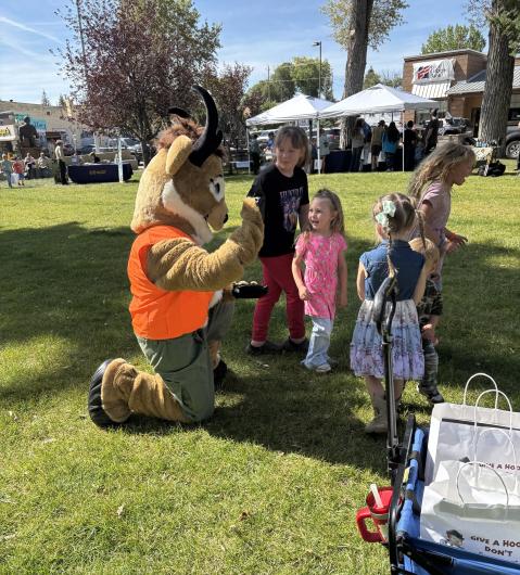Seymour the Antelope kneels to greet children during Kemmerer Outdoor Discovery Day at Triangle Park with blue skies and green grass