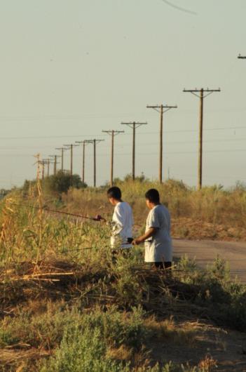 Two people standing beside rural roadside fishing in a grassy ditch with power poles in the background