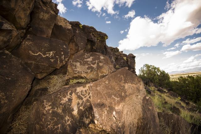 Petroglyphs are carved into the surfaces of dark rocks, including a snake-like figure and several animal and abstract shapes. The rock outcrop sits on a hillside with green shrubs and grasses, overlooking a wide open plain in the distance under a blue sky with white clouds.