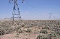 Large A-frame transmission towers extend across the image, disappearing in the distance. The landscape is covered in grasses, sagebrush, and dirt. It is a sunny day with blue skies.