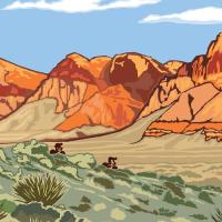 Artistic illustration of stunning red geologic cliffs towering over silhouettes of two mountain bikers.