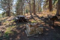 A picnic table and fire pit at a campground in a forest.