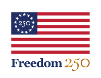 Logo of Freedom250 showing American flag with stars arranged in circle around 250. Words under logo says Freedom 250