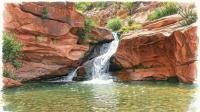 Artistic interpretation of a waterfall through orange cliffs, into a green pool