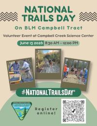 A flyer for National Trails Day on BLM Campbell Tract on June 13 at 8:30am. There is a QR code at the bottom for more information.