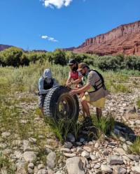 BLM staff and volunteers roll a rouge tire off of public lands in the desert