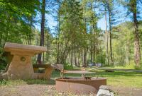 A picnic table and fire pit in the forest.