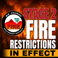 This is a graphic showing the Southwest Colorado District fire program logo along with the words "Stage 2 Fire Restrictions In Effect". These words and the logo are displayed across a background of flames.
