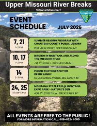 July 2026 event schedule for Upper Missouri River Breaks National Monument listing free public programs in Fort Benton, Big Sandy, and Great Falls, Montana.