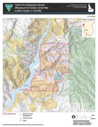 Map of Tartar Fire area where BLM is temporarily closing access to BLM-managed public lands, roads, and trails within an area bounded by the Snake River to the west, Sumac Creek to the south, Payette National Forest to the east, and Raft Creek/Wayle Creek to the north.