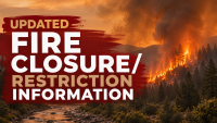 Thumbnail graphic with a forest fire background and the words "Updated fire closure/restriction information"