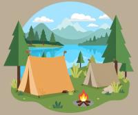 Graphic of tents and blue sky with mountains and water