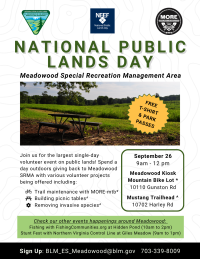 Flyer for National Public Lands Day at Meadowood SRMA, promoting volunteer activities like trail maintenance, picnic table building, and removing invasive species. Event takes place September 26, 9 am–12 pm, with free T‑shirts and park passes. Contact info and additional Meadowood activities are listed at the bottom.