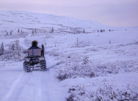 A person drives an OHV on light snow cover in the tundra. 