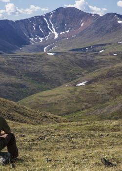 Hiker sitting on rock overlooking the mountains of the Steese National Conservation area in Alaska