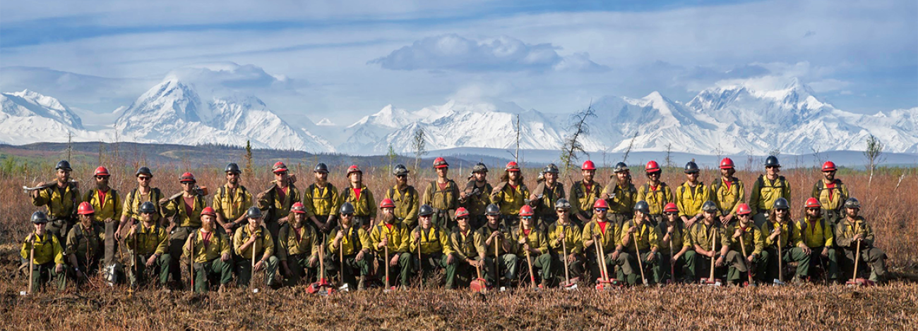 Wildland firefighters in a field in front of mountains