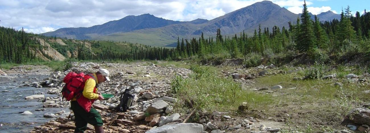 A person wearing outdoor gear stands beside a shallow, rocky stream in a remote mountain valley, holding a green pan while surrounded by spruce trees and distant rugged peaks under a partly cloudy sky.