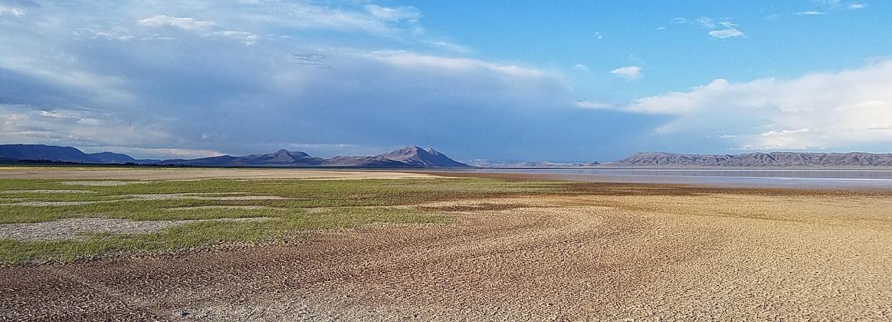 Vast playa landscape of the Alvord Desert facing toward mountains