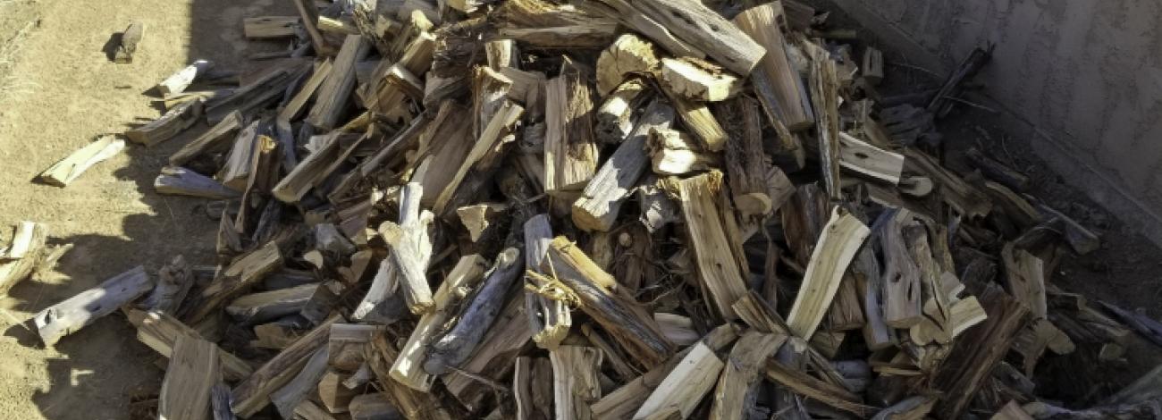 A stack of firewood next to an adobe home in New Mexico.