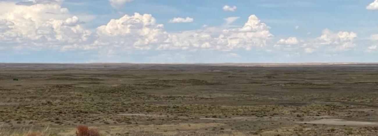 A landscape view in southwest, Wyoming with a blue sky.
