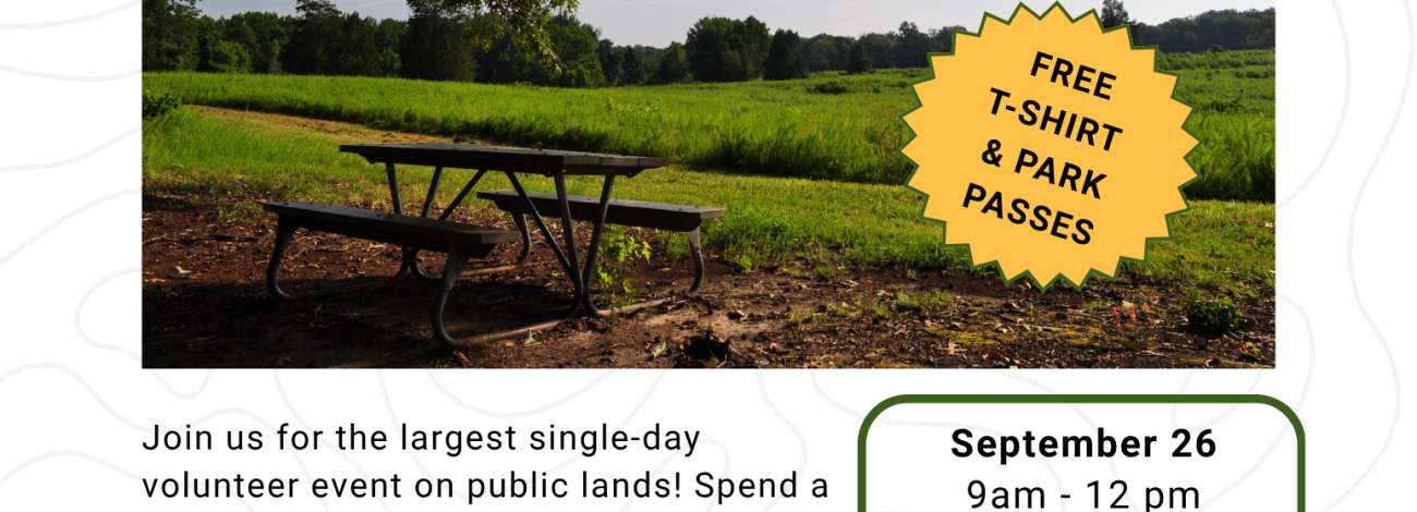 Flyer for National Public Lands Day at Meadowood SRMA, promoting volunteer activities like trail maintenance, picnic table building, and removing invasive species. Event takes place September 26, 9 am–12 pm, with free T‑shirts and park passes. Contact info and additional Meadowood activities are listed at the bottom.