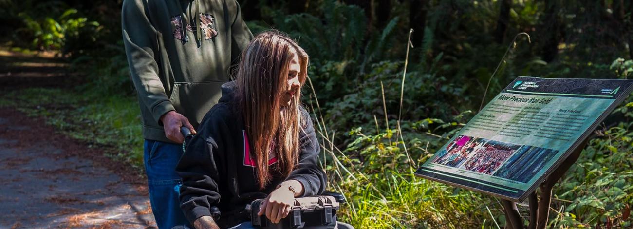 A person in a wheelchair on a forest trail, accompanied by another person and a service dog pausing to look at a BLM interpretive sign. 
