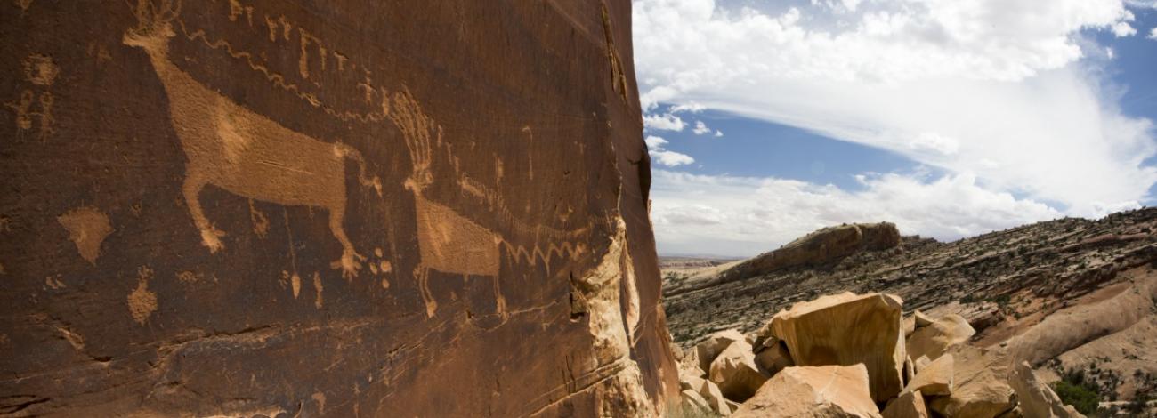 Petroglyphs are carved into a dark, varnished sandstone cliff face on the left, depicting animal figures and other shapes in lighter rock. To the right, the view opens onto a rocky desert landscape with large boulders, sparse vegetation, and rolling rock formations under a blue sky with white clouds.