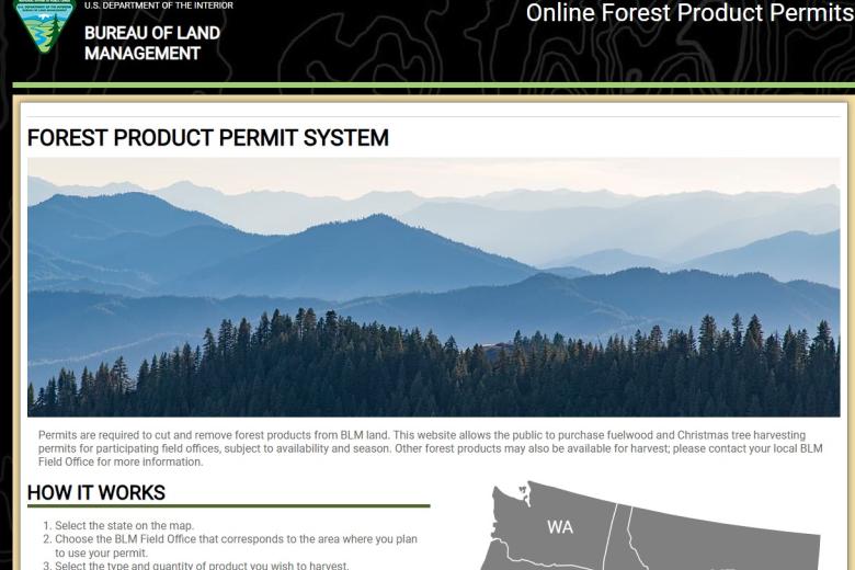 Image of the BLM webpage for forest product permits, showing the BLM triangle logo at the top and a landscape photo of forested mountains, green in the foreground and blue in the background.