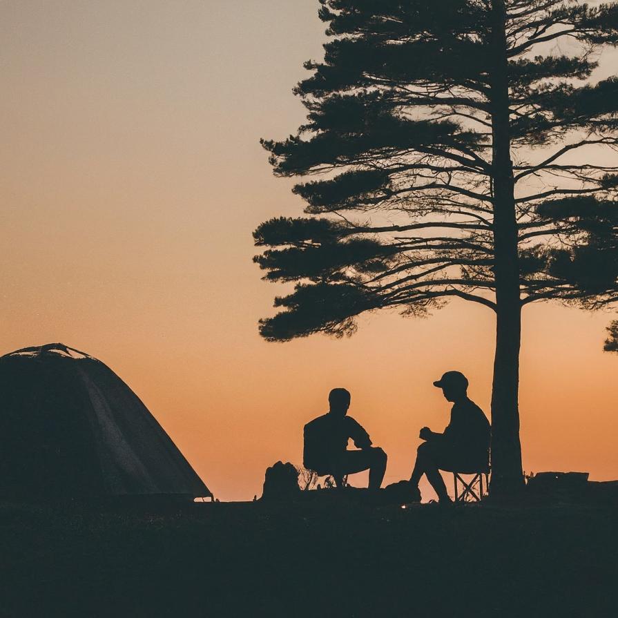 A photo of two people sitting under tree, near a tent