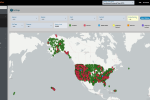 Screenshot of a map of North America with many red and green pinpoints on it