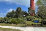 A photo showing a red brick and gray concrete sidewalk over sandy and grassy ground, with a red and black lighthouse in the background on a small hill that’s heavily vegetated with native palm trees and other vegetation. 