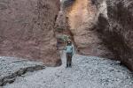 Person standing in a narrow rocky canyon holding a net, surrounded by towering reddish-brown cliffs under soft sunlight.
