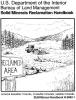 Cover of the "Solid Minerals Reclamation Handbook" from the U.S. Department of the Interior, Bureau of Land Management. A black-and-white line illustration shows a bulldozer working on reclaimed land in a hilly, forested landscape with scattered trees, boulders, and a stream. A wooden sign in the foreground reads "RECLAIMED AREA." Text at the bottom reads "noncoal leasable minerals, locatable minerals, salable minerals" and "BLM Manual Handbook H-3042-1."
