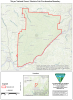 A map containing the Marietta Unit of the Wayne National Forest outlined in red. Below that is an inset map zoomed out, showing the area is located on the Ohio and West Virginia Border. A BLM logo, and a map legend showing distance are in separate boxes on the right and left of the inset map, respectively.