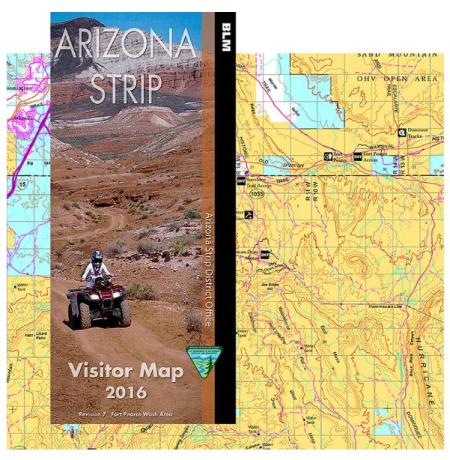 A thumbnail showing two items side by side. On the left is the cover of the Arizona Strip Visitor Map 2016 brochure, produced by the BLM Arizona Strip District Office. The cover features a photograph of a person riding an ATV through a rugged red rock desert landscape, with mountains in the background. The title reads "Arizona Strip Visitor Map 2016." On the right is a portion of the east half map showing a color-coded land use map of the Arizona Strip.