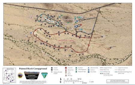 A detailed campground map of Painted Rock Petroglyph Site and Campground near Gila Bend, Arizon. The map shows an aerial satellite view of the campground with two loop roads overlaid. The Hohokam Loop is shown in teal in the northern portion of the campground near the petroglyph site. The Patayan Loop is shown in red in the larger southern and western portion of the campground. Sixty numbered campsites are marked with triangle symbols throughout both loops.