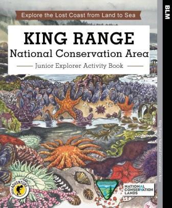 An illustrated cover of the “King Range National Conservation Area: Junior Explorer Activity Book,” featuring colorful drawings of tidepool creatures such as sea stars, anemones, and mussels, with rocky coastal scenery in the background.