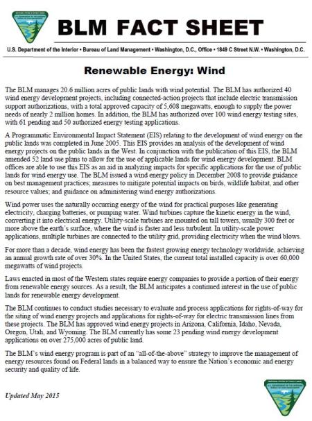Fact Sheet: Renewable Energy-Wind brochure cover.