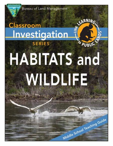 A cover image for an educational booklet titled “Habitats and Wildlife,” featuring two birds taking off from the surface of a calm lake, surrounded by dense green forest with tall trees.