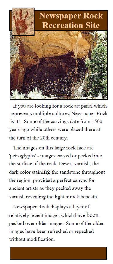 Image of the Newspaper Rock brochure with photo and text.