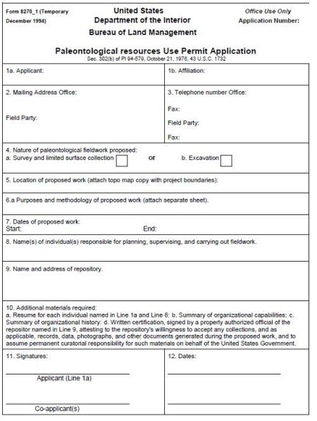 Photo of the first page of the paleontology permit application.