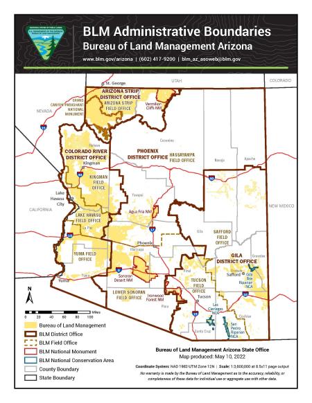 A statewide overview map of Arizona displaying color-coded Bureau of Land Management administrative boundaries. BLM-managed lands are shown in yellow. District office boundaries are shown in solid dark brown. Field office boundaries are shown in dashed dark brown. National monument boundaries are shown in red. National conservation area boundaries are shown in teal. County boundaries are shown in light gray. Bordering states (Utah, Colorado, New Mexico, Nevada, and California) are labeled.