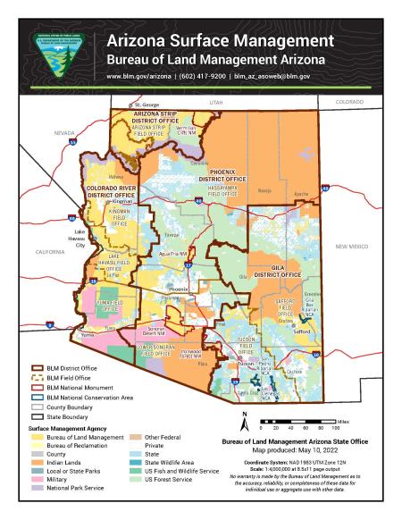 Arizona Surface Management map showing land management by agency statewide, including BLM, Forest Service, tribal, state, military, and private lands.