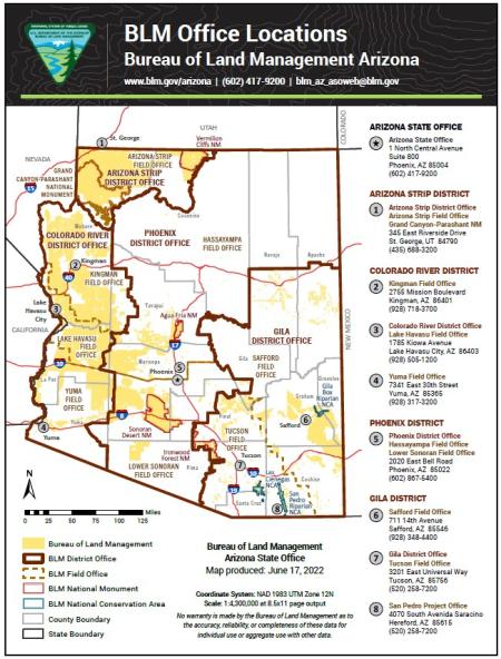 A statewide map of Arizona showing Bureau of Land Management office locations marked with numbered points. BLM-managed lands are shown in yellow. District office boundaries are shown in solid dark brown. Field office boundaries are shown in dashed dark brown. National monument boundaries are shown in red. National conservation area boundaries are shown in teal. County boundaries are shown in light gray. A directory on the right side of the map lists eight numbered office locations.