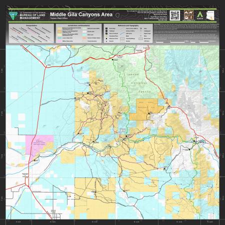 A detailed map of the Middle Gila Canyons Area in Pinal and Gila counties. Historic mines, named peaks, and named washes are labeled throughout the map. Trailheads shown include the Cottonwood Canyon, Florence-Kelvin, White Canyon, and Picketpost trailheads. Portal signs mark road access points. A legend at the top of the map shows transportation route types, jurisdictions and boundaries, and reference and topography symbols.