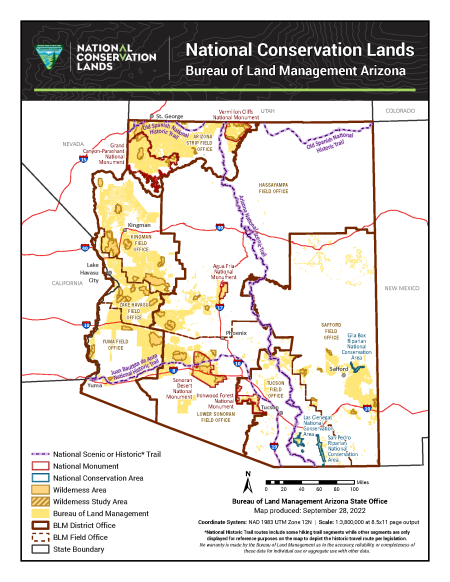 BLM Arizona National Conservation Lands map showing national monuments, conservation areas, wilderness areas, and scenic and historic trails statewide.