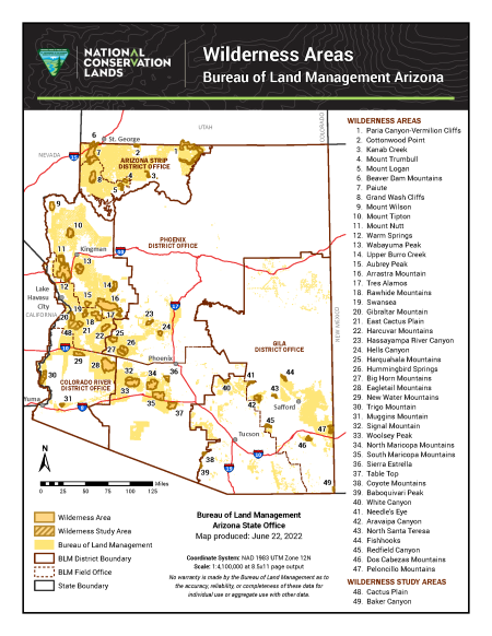 BLM Arizona Wilderness Areas map showing 47 numbered wilderness areas and 2 wilderness study areas on BLM-managed public lands statewide.
