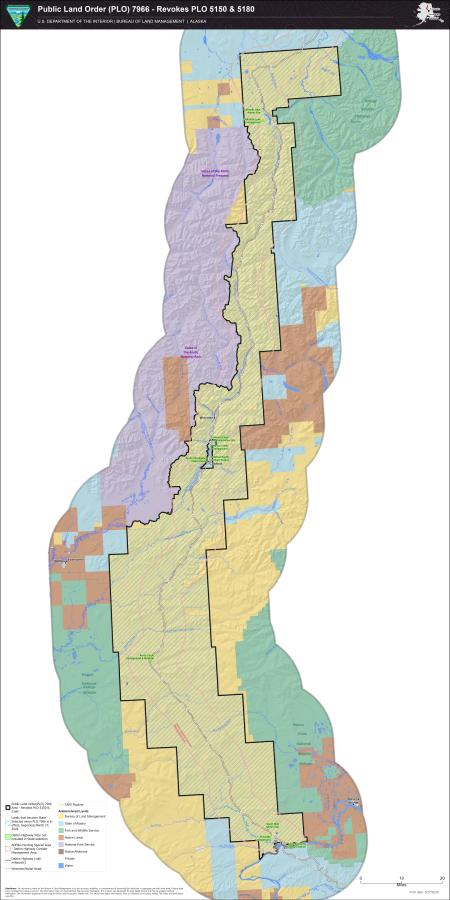 Map of administered land status after PLO 7966 lifts withdrawals in the Dalton Utility Corridor, Alaska. 